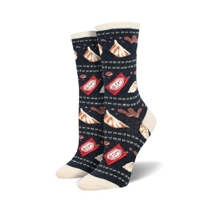  gyoza themed women's crew socks feature japanese dumplings and red and white candy wrappers.    }}