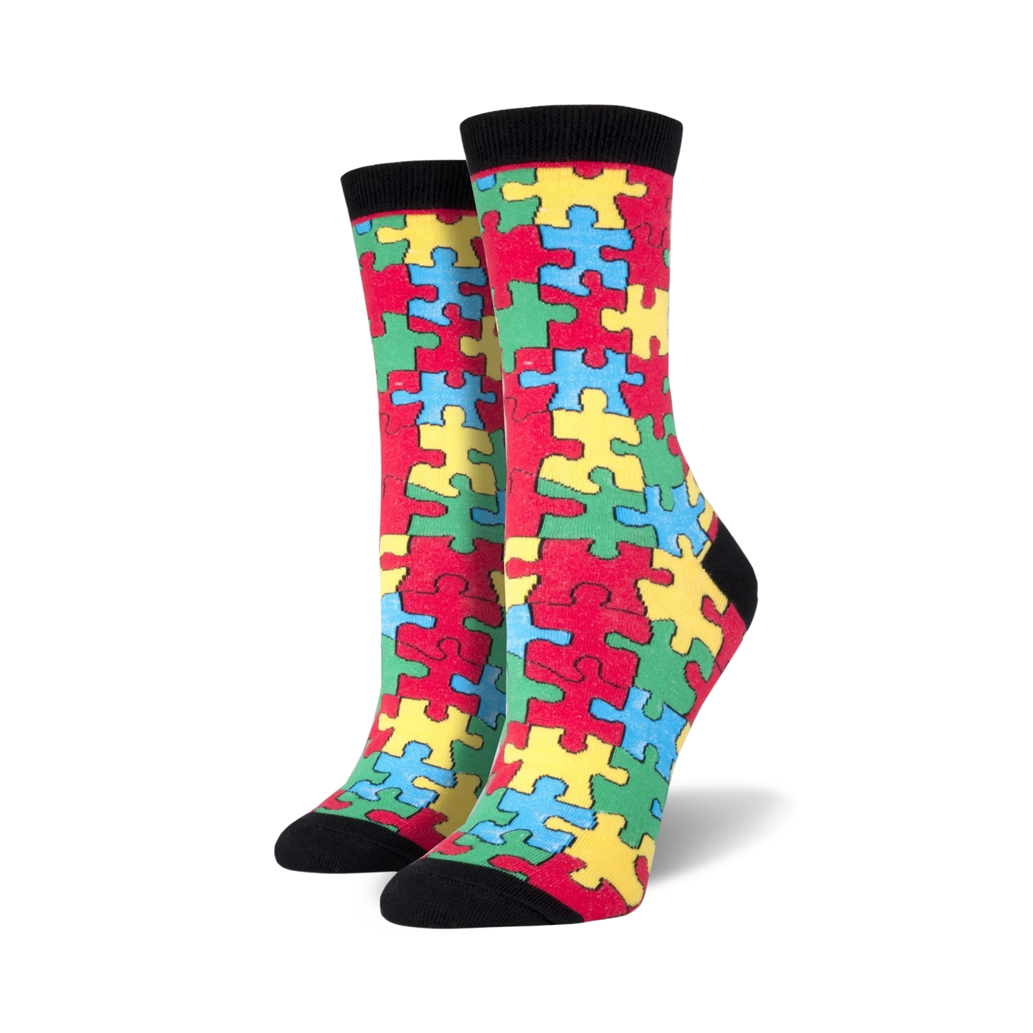 Pair of women's crew socks with a colorful puzzle piece design. The main colors are red, yellow, blue, and green.