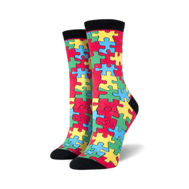 womens crew sock with colorful puzzle piece pattern in red, blue, green, and yellow.  