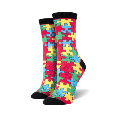 womens crew sock with colorful puzzle piece pattern in red, blue, green, and yellow.  