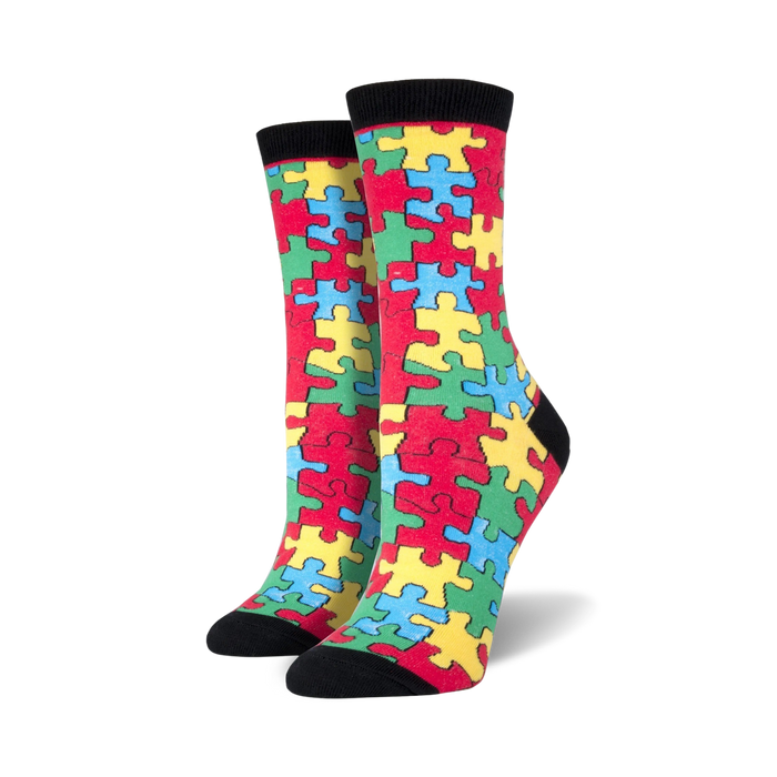 womens crew sock with colorful puzzle piece pattern in red, blue, green, and yellow.   }}