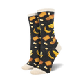 A pair of women's crew socks in dark grey with a whimsical print of yellow bananas and slices of banana bread.