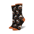 Pair of crew socks with a black background, brown coffee pot and coffee bean pattern, and 'Pot Head' text.