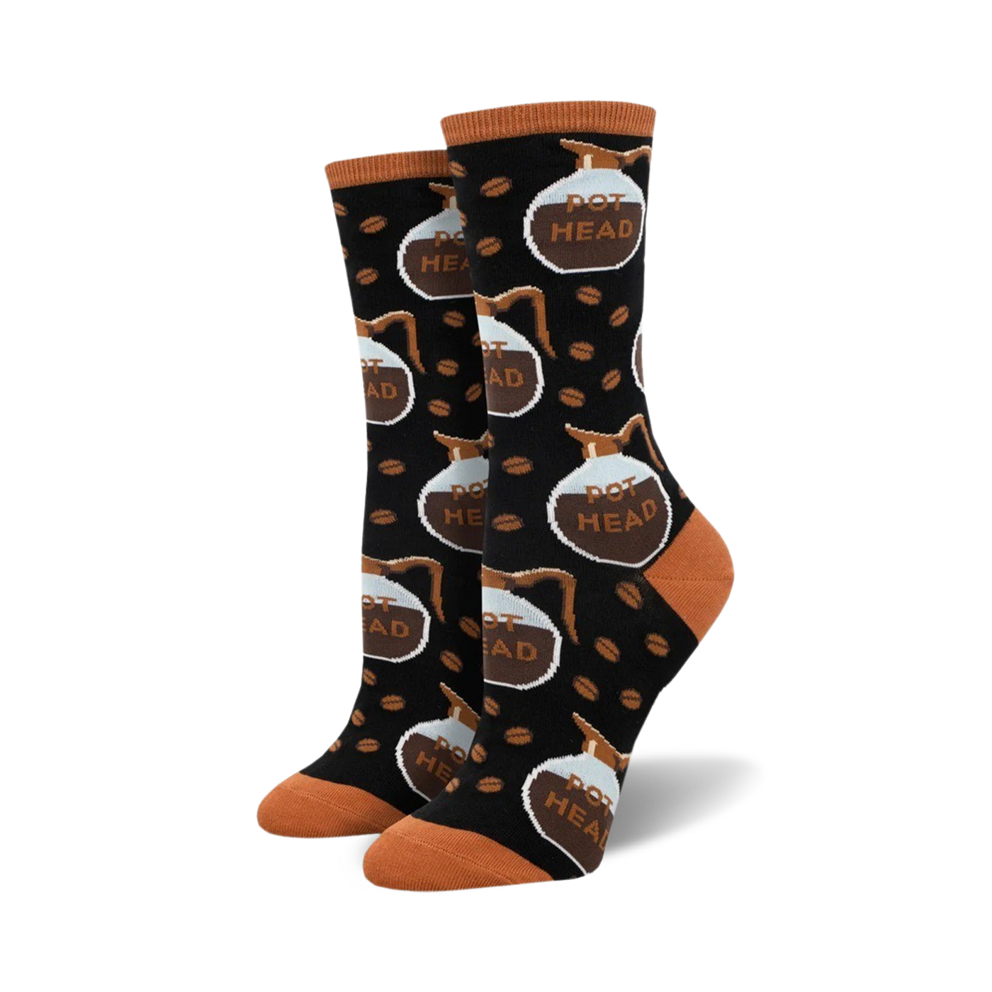 Pair of crew socks with a black background, brown coffee pot and coffee bean pattern, and 'Pot Head' text.