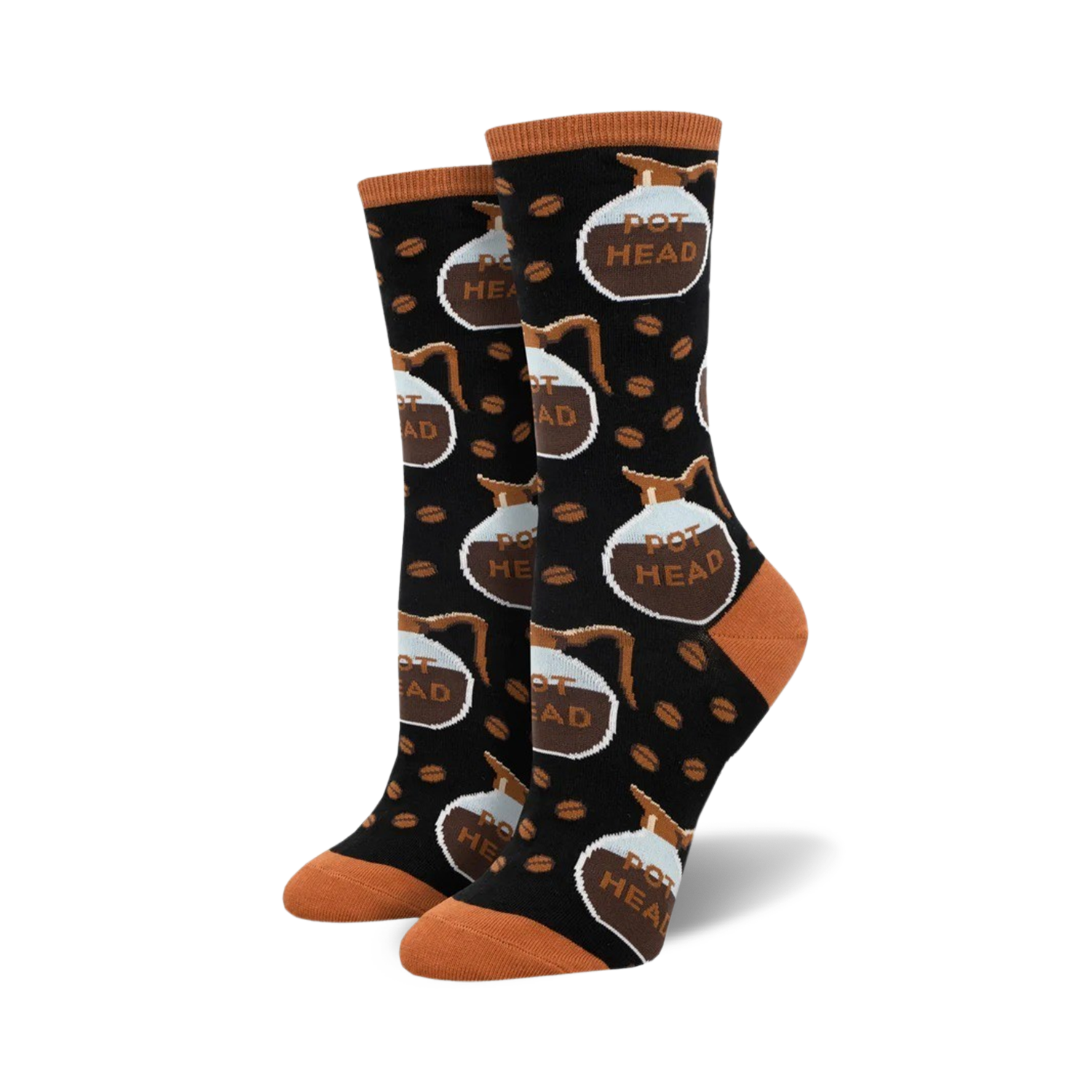 Pair of crew socks with a black background, brown coffee pot and coffee bean pattern, and 'Pot Head' text.