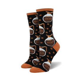 black crew socks with brown coffee beans pattern and 'pot head' text.  
