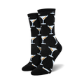 Pair of black crew socks with a repeating pattern of light blue martini glasses containing olives. 