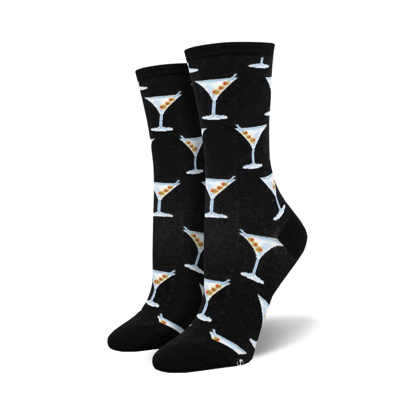Pair of black crew socks with a repeating pattern of light blue martini glasses containing olives. 