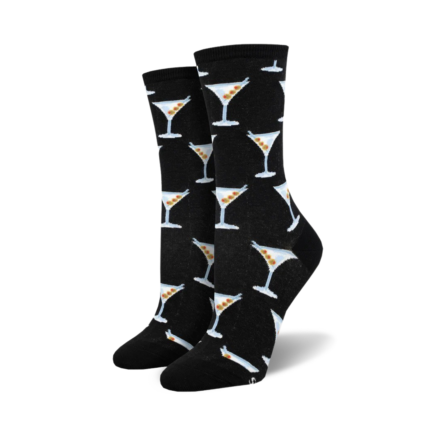 Pair of black crew socks with a repeating pattern of light blue martini glasses containing olives. 