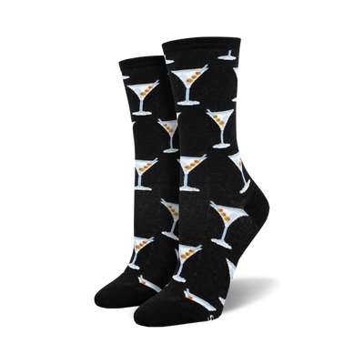 black crew socks with a martini glass pattern. perfect for adding a splash of fun to your look.   