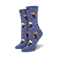 Pair of crew socks, periwinkle blue with repeated pattern of illustrated figures in karate poses, wearing black and gold martial arts uniforms.