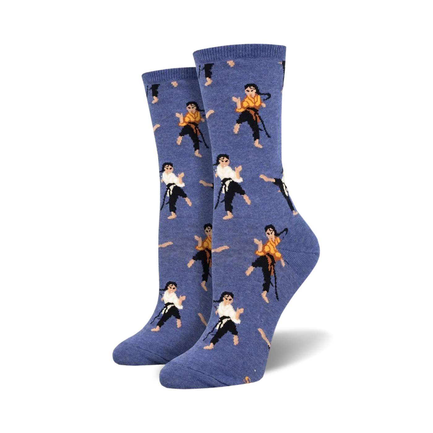Pair of crew socks, periwinkle blue with repeated pattern of illustrated figures in karate poses, wearing black and gold martial arts uniforms.