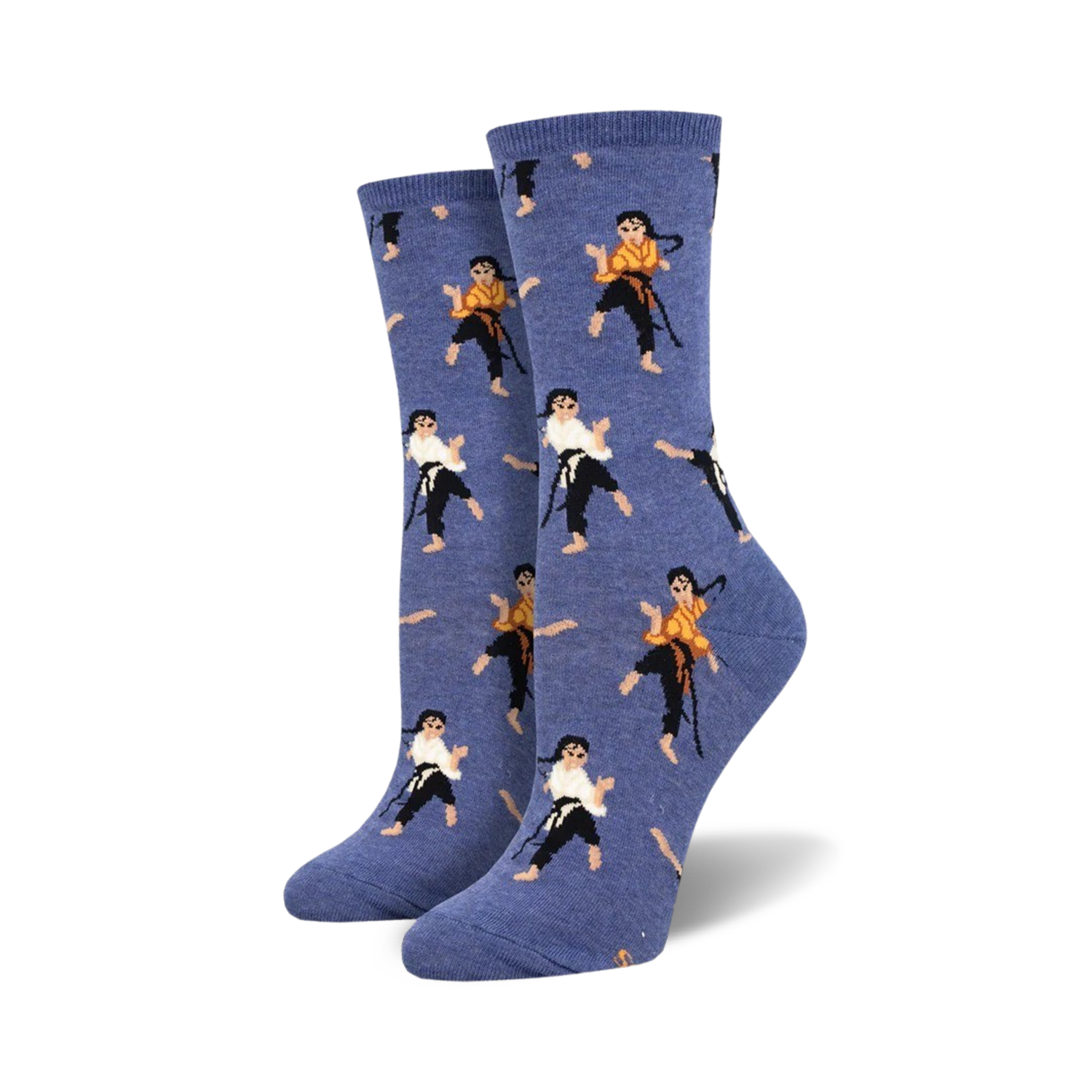 Pair of crew socks, periwinkle blue with repeated pattern of illustrated figures in karate poses, wearing black and gold martial arts uniforms.