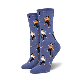 blue crew socks with pattern of women in martial arts poses wearing white uniforms and black belts.  