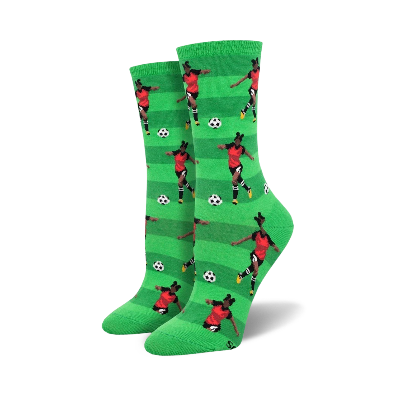 Pair of women's crew socks; green and white stripes, a female soccer player in red and black is repeated on the socks.