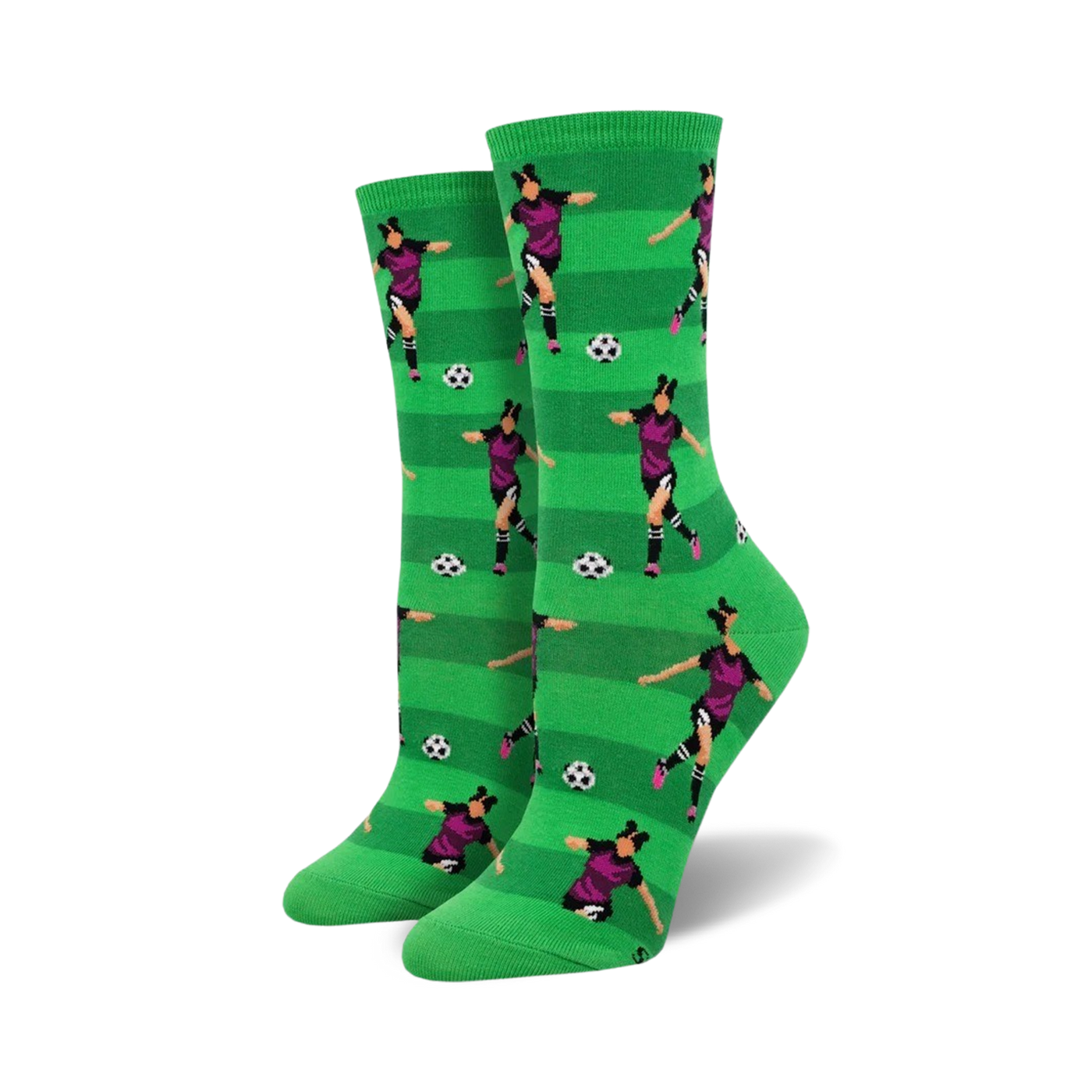 Close-up view of the Soccer Star socks, showcasing the detailed design of the female soccer player and the green and white striped background.