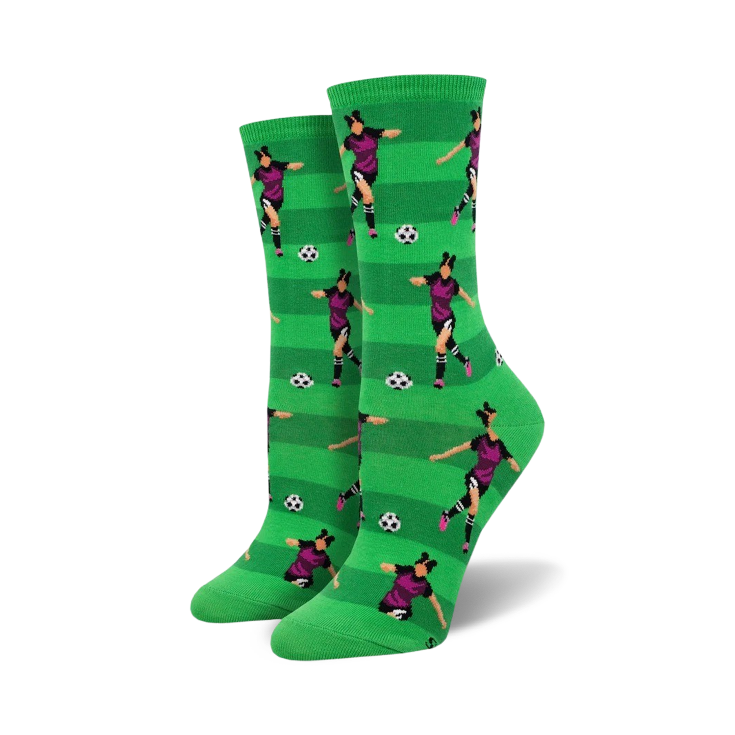 Close-up view of the Soccer Star socks, showcasing the detailed design of the female soccer player and the green and white striped background.
