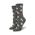 Pair of grey crew socks with a fun badminton-themed design. White shuttlecocks and teal and red rackets are scattered across the socks.