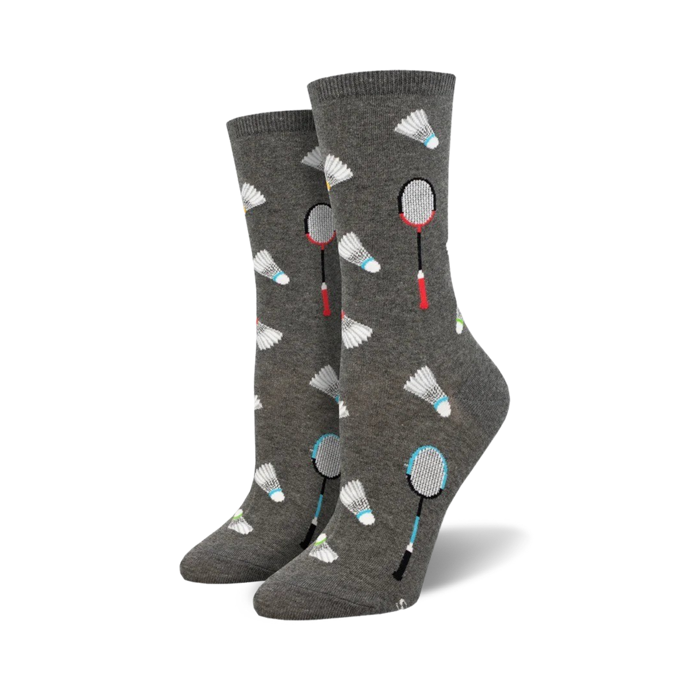 Pair of grey crew socks with a fun badminton-themed design. White shuttlecocks and teal and red rackets are scattered across the socks.