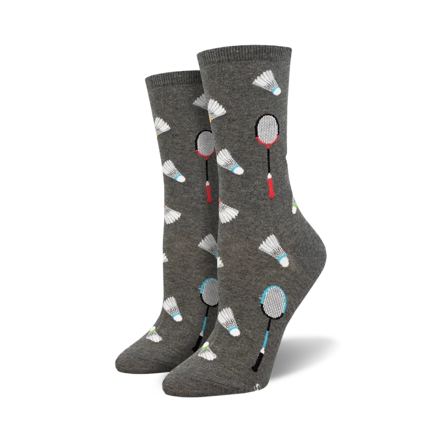 Pair of grey crew socks with a fun badminton-themed design. White shuttlecocks and teal and red rackets are scattered across the socks.