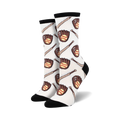 A pair of women's crew socks with a white background and repeating pattern of brown baseball gloves and bats.