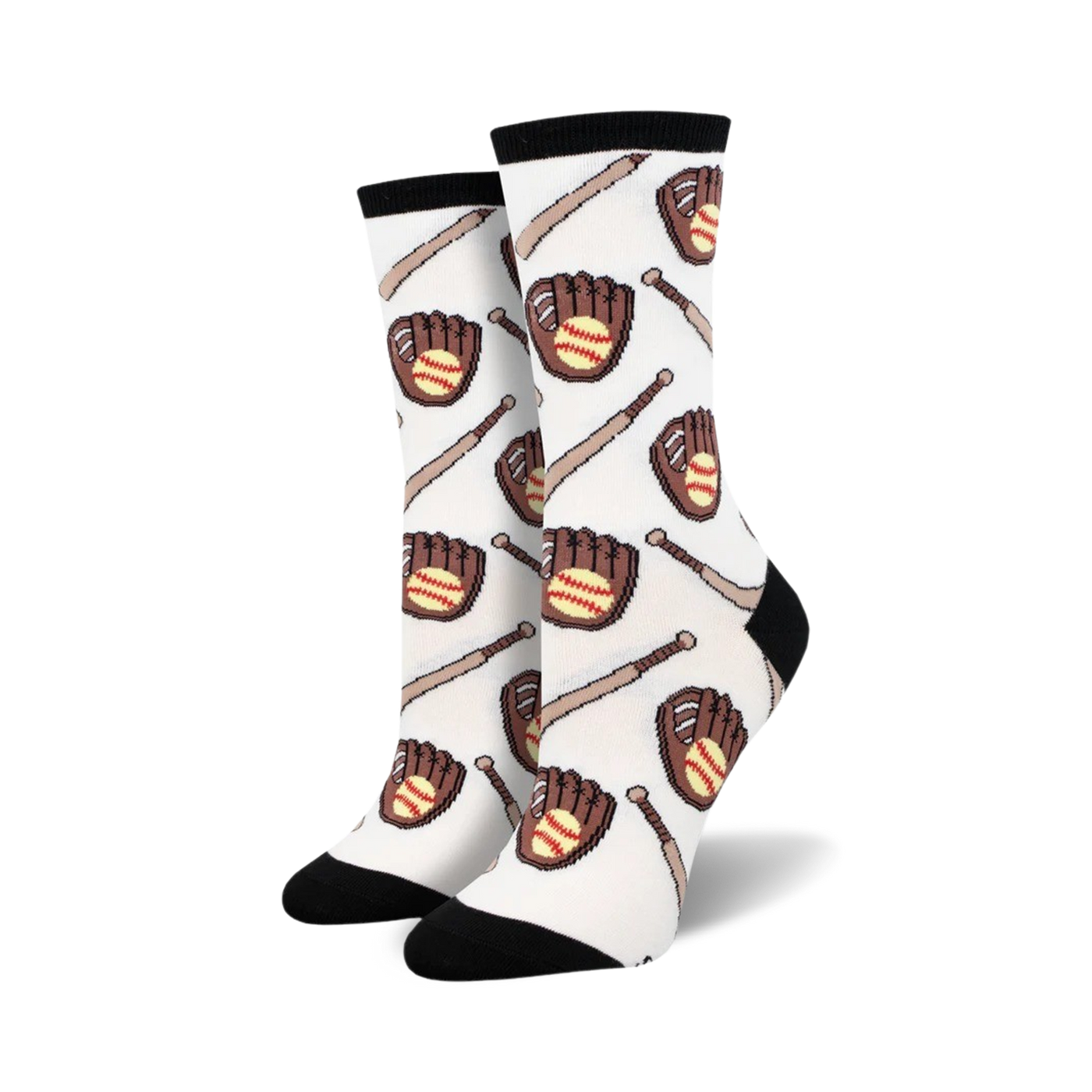 A pair of women's crew socks with a white background and repeating pattern of brown baseball gloves and bats.