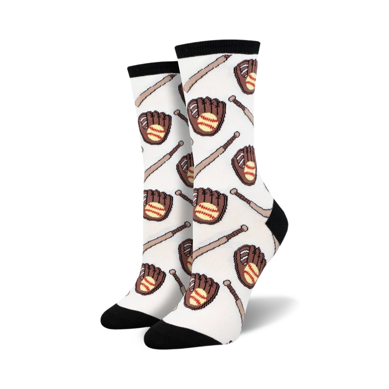 A pair of women's crew socks with a white background and repeating pattern of brown baseball gloves and bats.