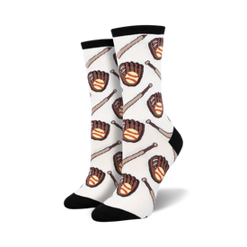 softball league crew socks feature baseballs, gloves, and bats on a white background.  