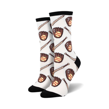 softball league crew socks feature baseballs, gloves, and bats on a white background.  