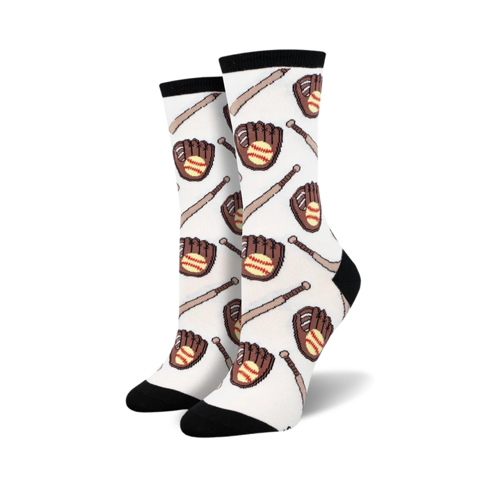softball league crew socks feature baseballs, gloves, and bats on a white background.   }}
