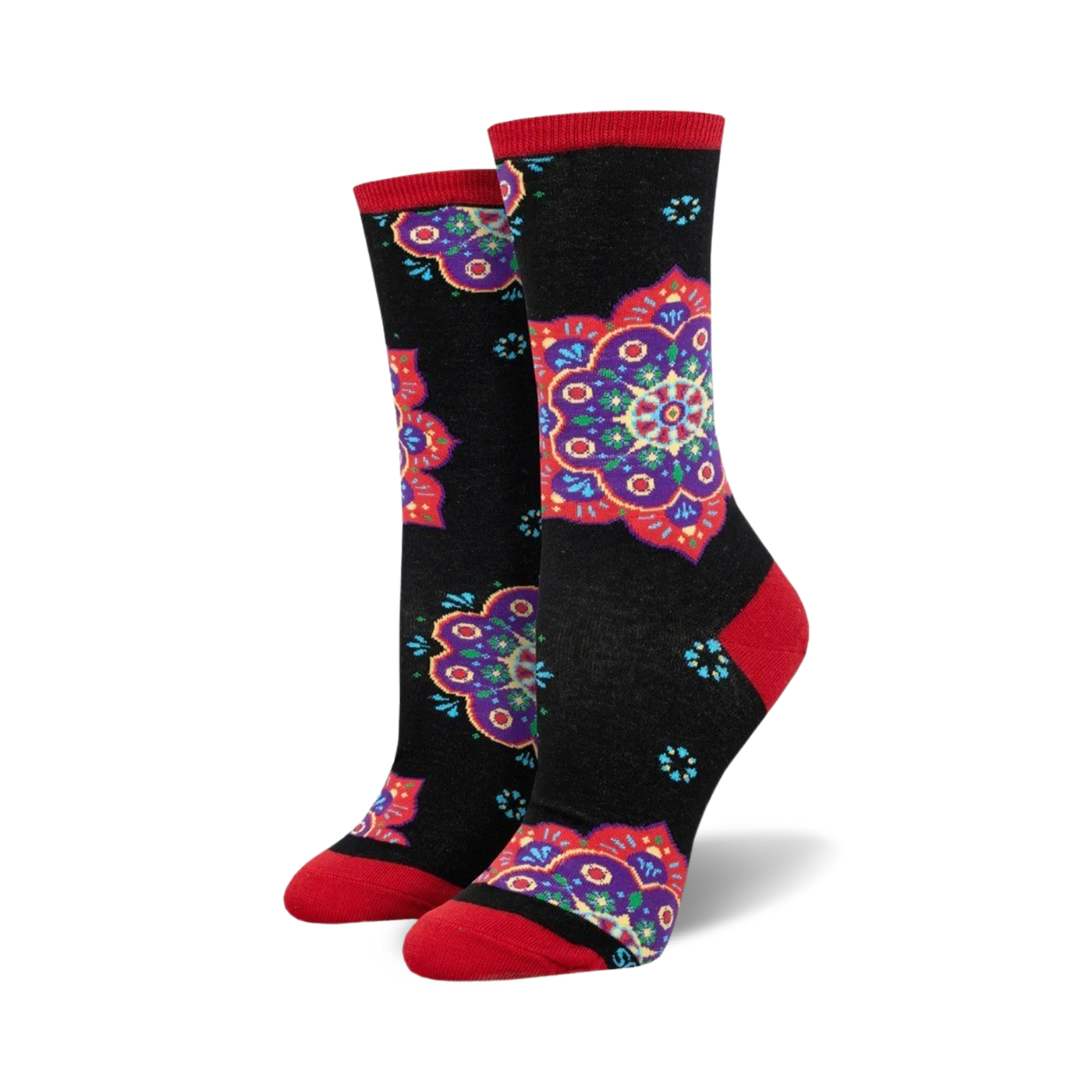 Pair of crew socks with black background and colorful mandala designs in red, purple, and teal. Red accents at the cuffs.