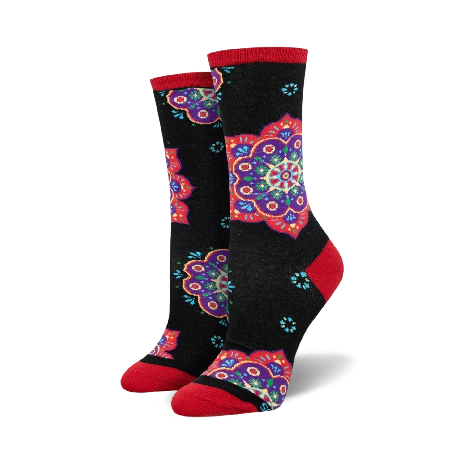 Pair of crew socks with black background and colorful mandala designs in red, purple, and teal. Red accents at the cuffs.
