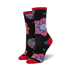 womens colorful mandala crew socks with red cuffs. perfect for nature lovers and fans of intricate designs.  