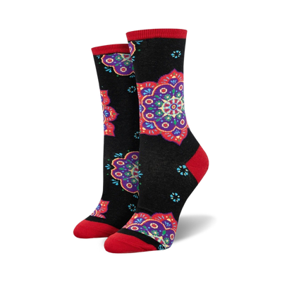 womens colorful mandala crew socks with red cuffs. perfect for nature lovers and fans of intricate designs.  