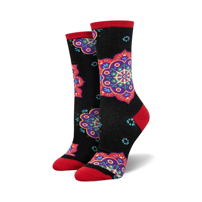 womens colorful mandala crew socks with red cuffs. perfect for nature lovers and fans of intricate designs.   }}