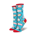 Pair of teal crew socks with a comic-style design.  Features red speech bubbles saying 'TIRED' and 'hungry', and zzz clouds. Red and teal color scheme.