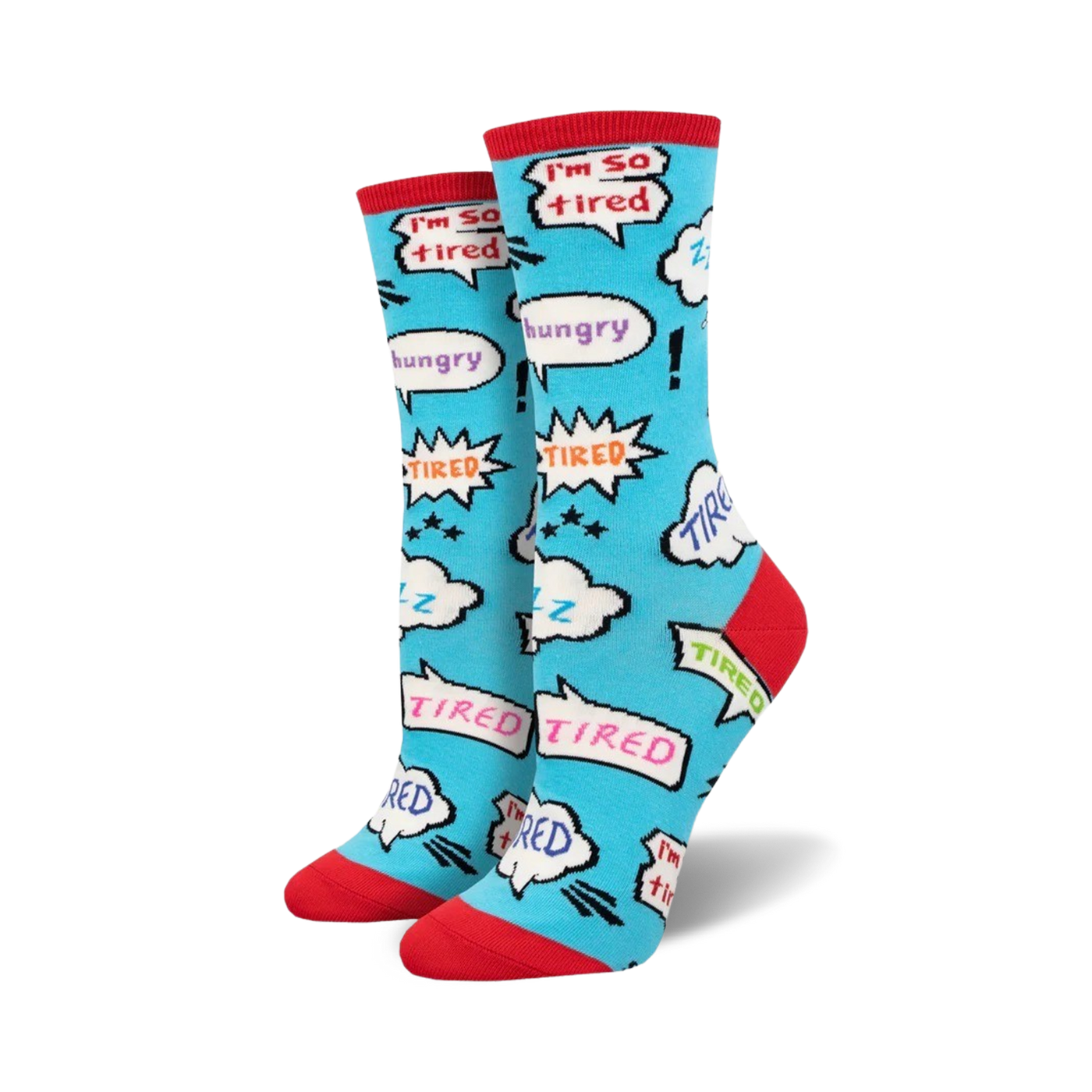 Pair of teal crew socks with a comic-style design.  Features red speech bubbles saying 'TIRED' and 'hungry', and zzz clouds. Red and teal color scheme.