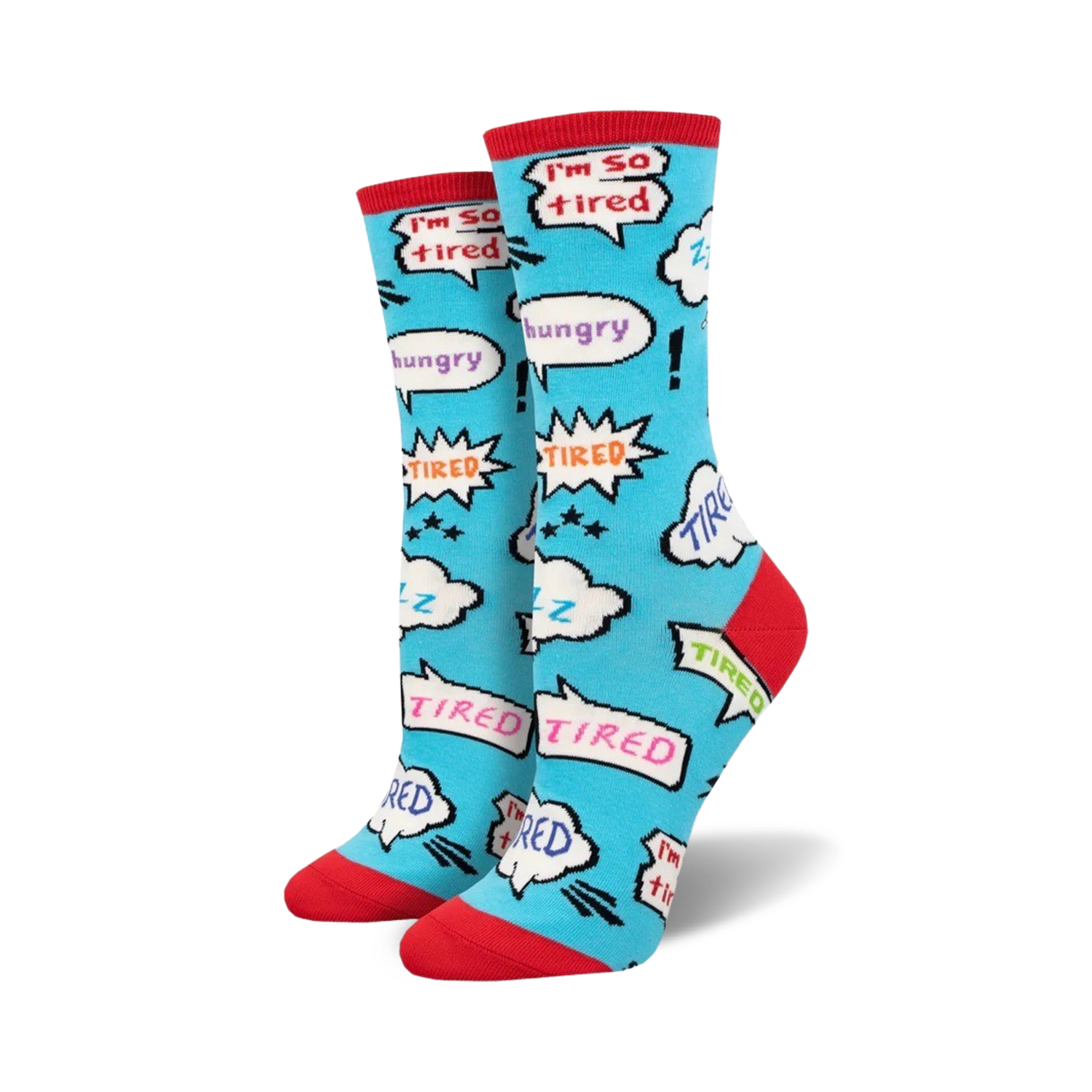 Pair of teal crew socks with a comic-style design.  Features red speech bubbles saying 'TIRED' and 'hungry', and zzz clouds. Red and teal color scheme.