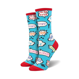 womens funny blue crew socks with colorful speech bubbles that say "i'm so tired", "hungry", "tired", and "zzz".   