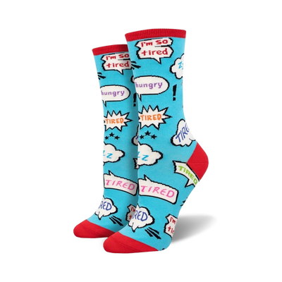 womens funny blue crew socks with colorful speech bubbles that say "i'm so tired", "hungry", "tired", and "zzz".   