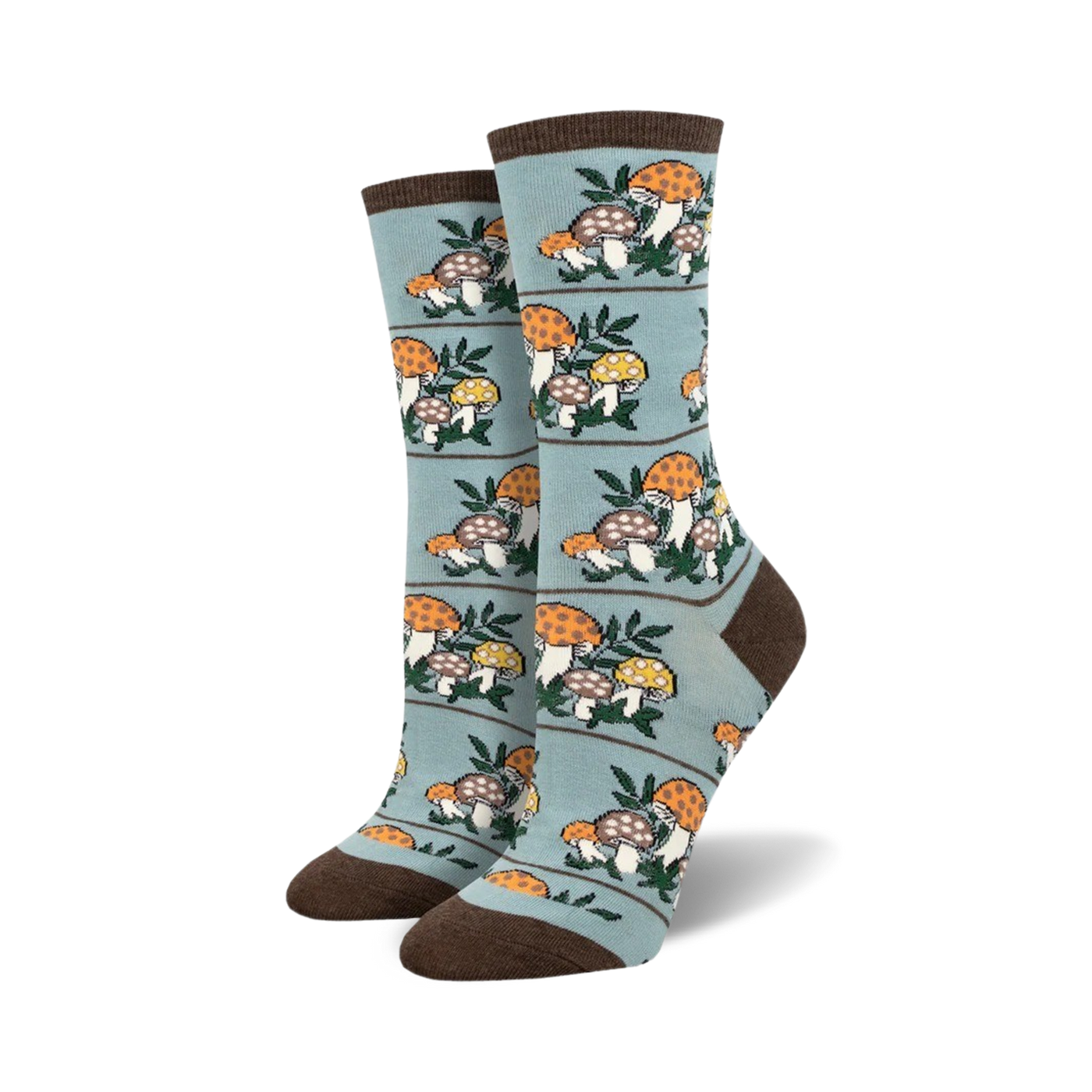 Pair of crew socks, teal and brown, with a repeating pattern of illustrated mushrooms and leaves.