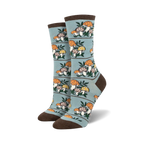 Pair of crew socks, teal and brown, with a repeating pattern of illustrated mushrooms and leaves.