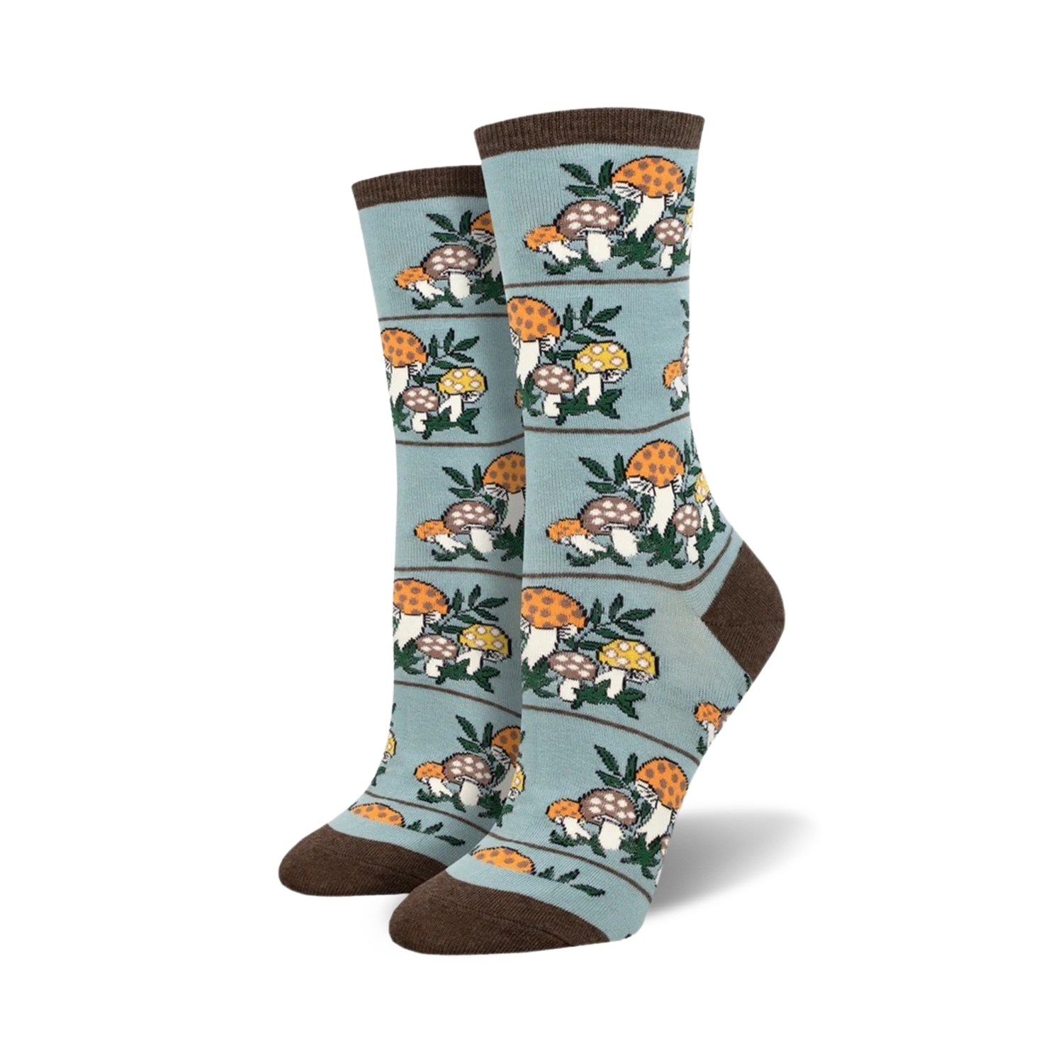 Pair of crew socks, teal and brown, with a repeating pattern of illustrated mushrooms and leaves.