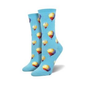light blue crew socks with multicolored hot air balloon pattern for women.  