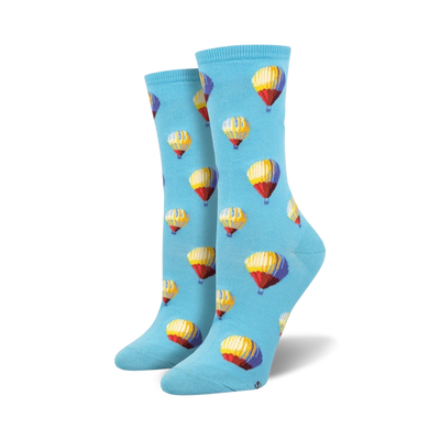 light blue crew socks with multicolored hot air balloon pattern for women.  