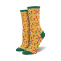 A pair of women's crew socks in yellow with a pattern of red tulips and windmills. The socks have teal green cuffs.