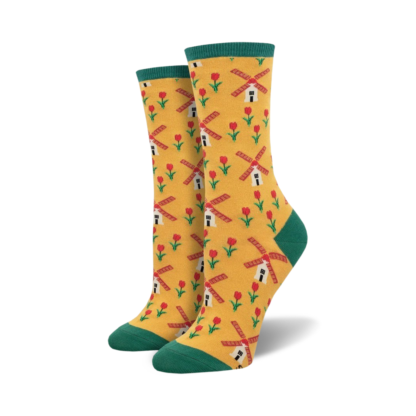 A pair of women's crew socks in yellow with a pattern of red tulips and windmills. The socks have teal green cuffs.
