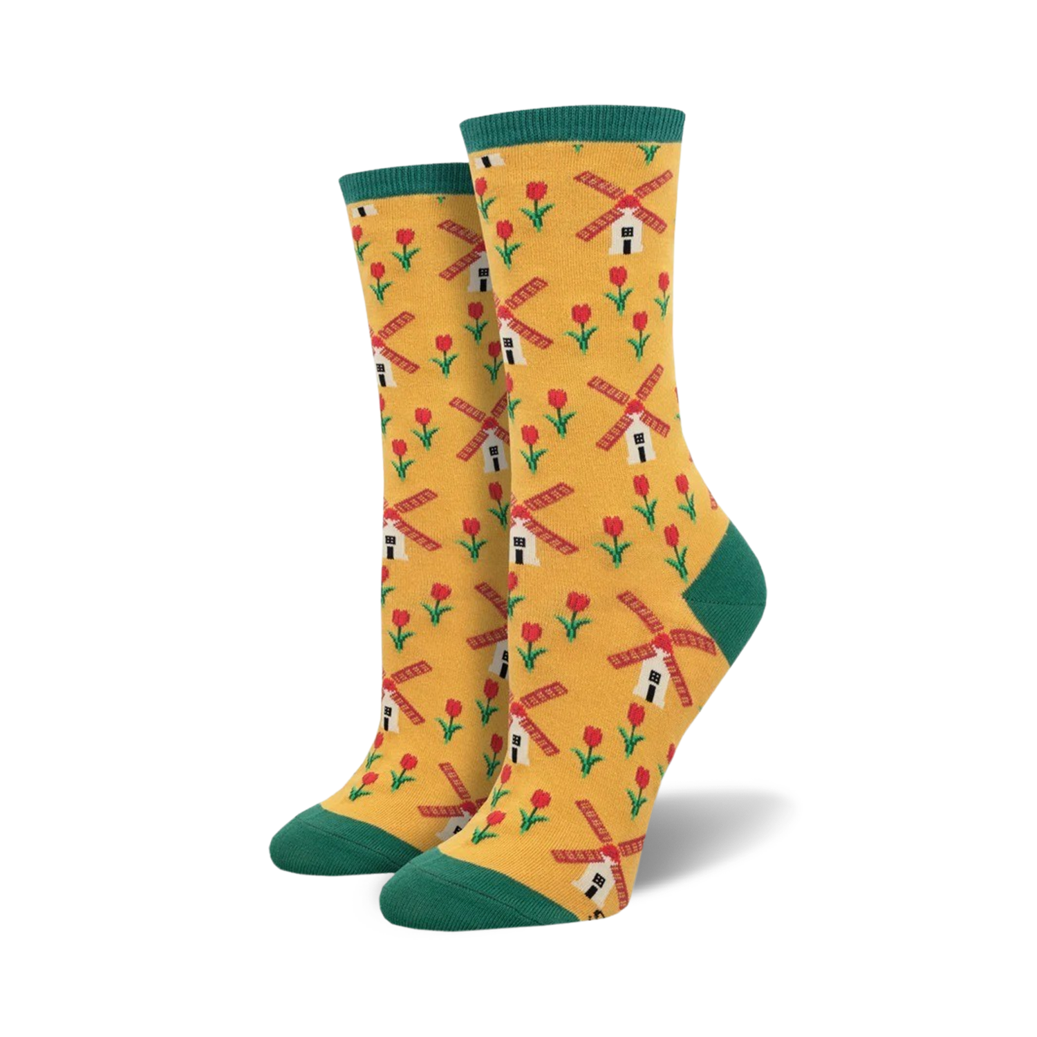 A pair of women's crew socks in yellow with a pattern of red tulips and windmills. The socks have teal green cuffs.