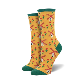 crew length women's socks with tulips, windmills and green top. dutch themed.   