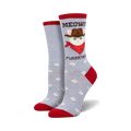 Crew socks in light blue with a repeating flower pattern.  Feature a cowboy cat graphic with the text 'MEOWDY PURRRRTNER'. Red accents on cuff and heel.